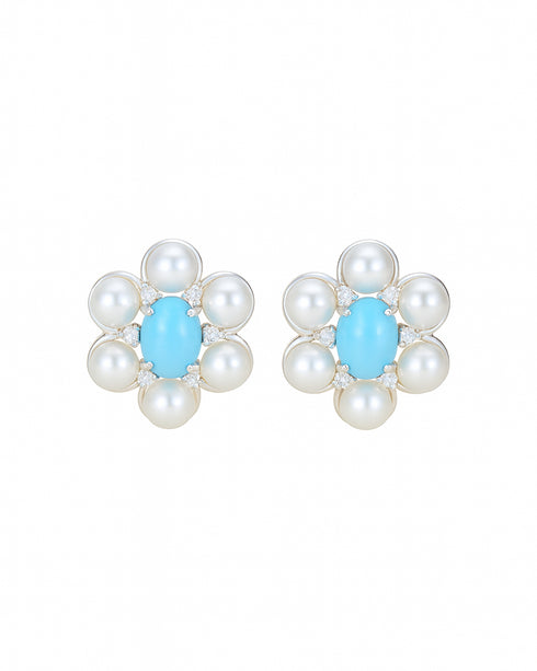 Floral Blue Turquoise Pearl Stud Earrings
